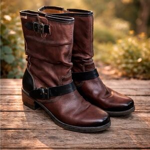 Pikolinos Le Mans Boots Mid Calf Slouch Leather Brown Buckle Womens Size 7 EU 37